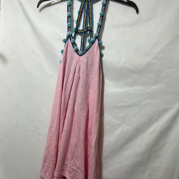 Pink Halter Dress with Blue Pom-Pom Trim - Picture 1 of 5